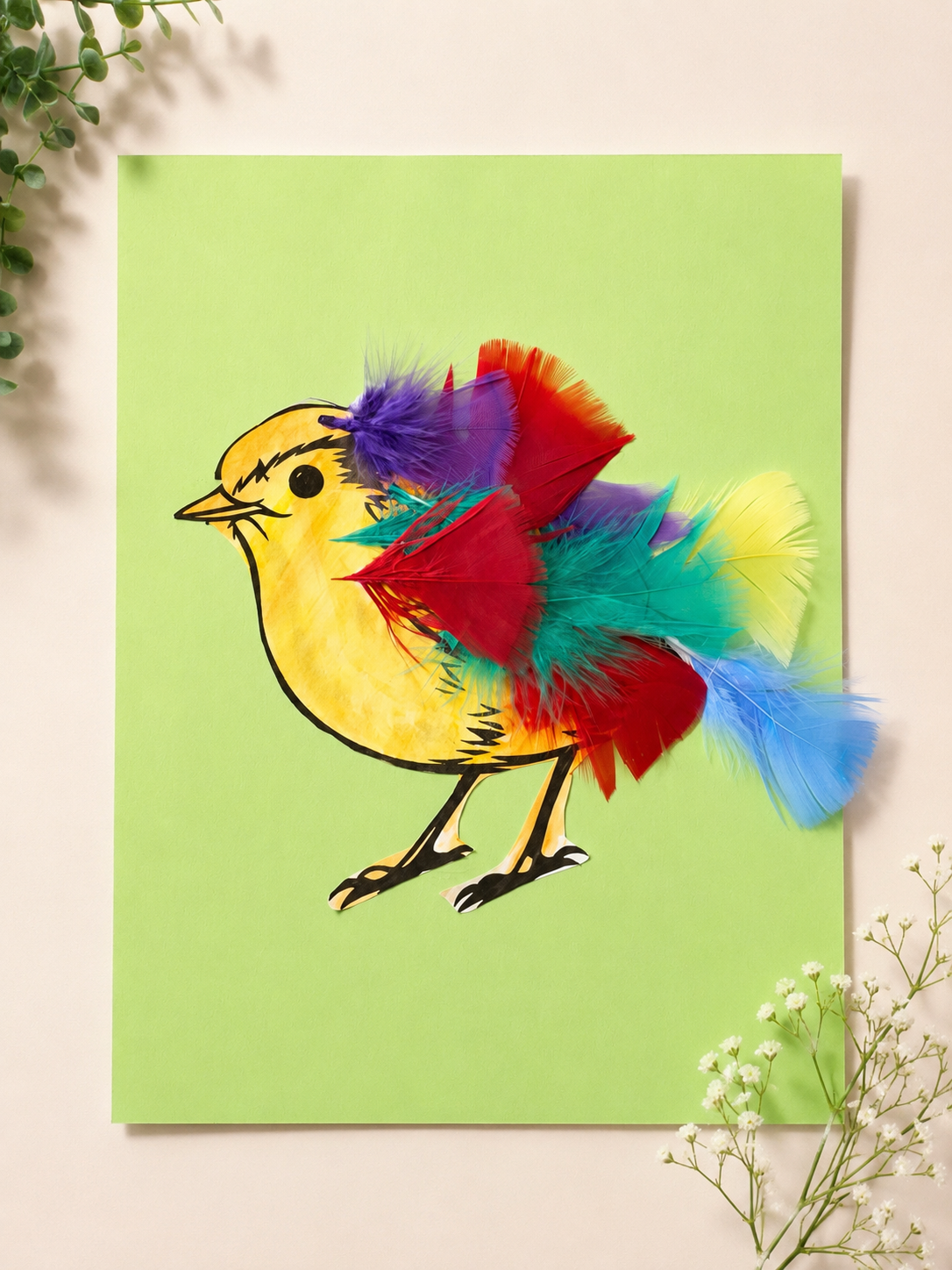 Colorful preschool bird craft decorated with red, purple, blue, yellow, and green feathers