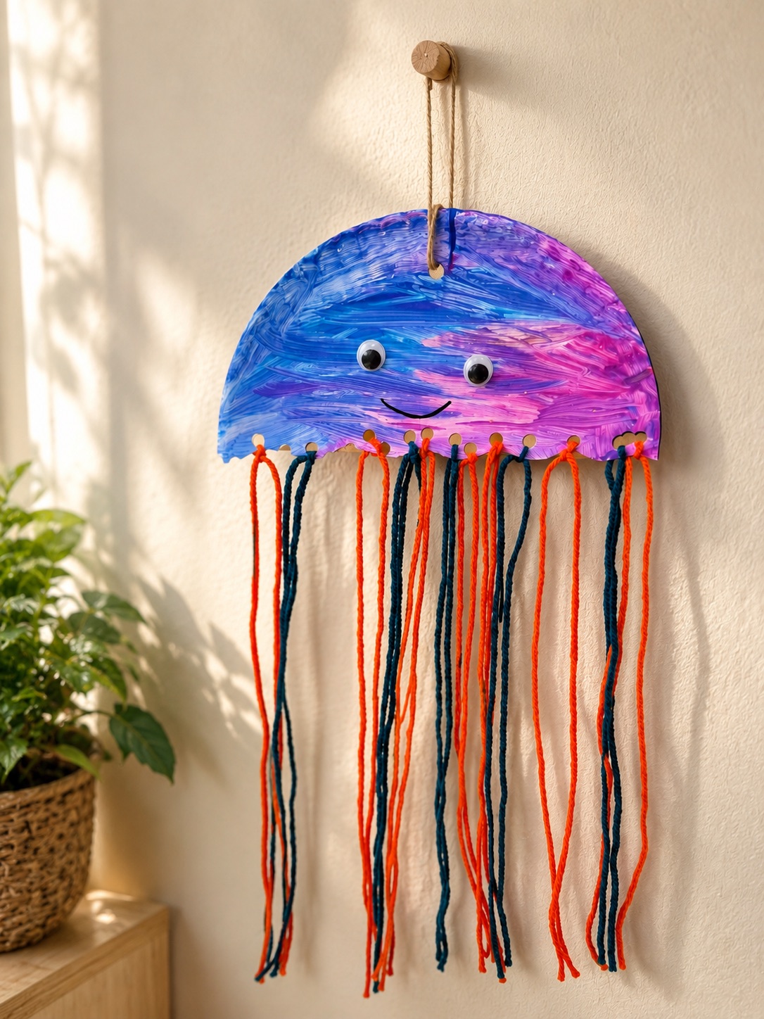 Colorful paper plate jellyfish craft with yarn tentacles