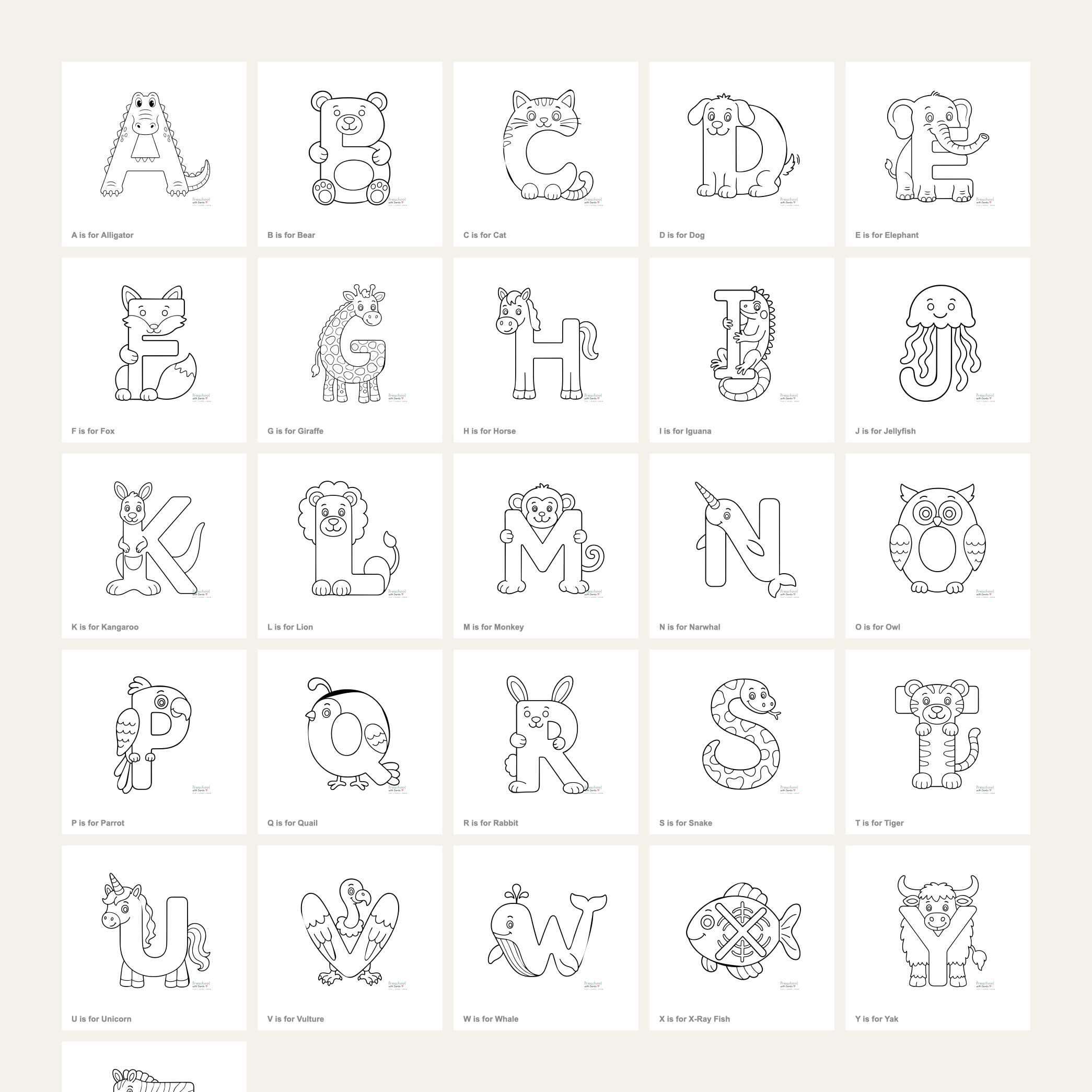 Preview contact sheet of letter animal alphabet printables