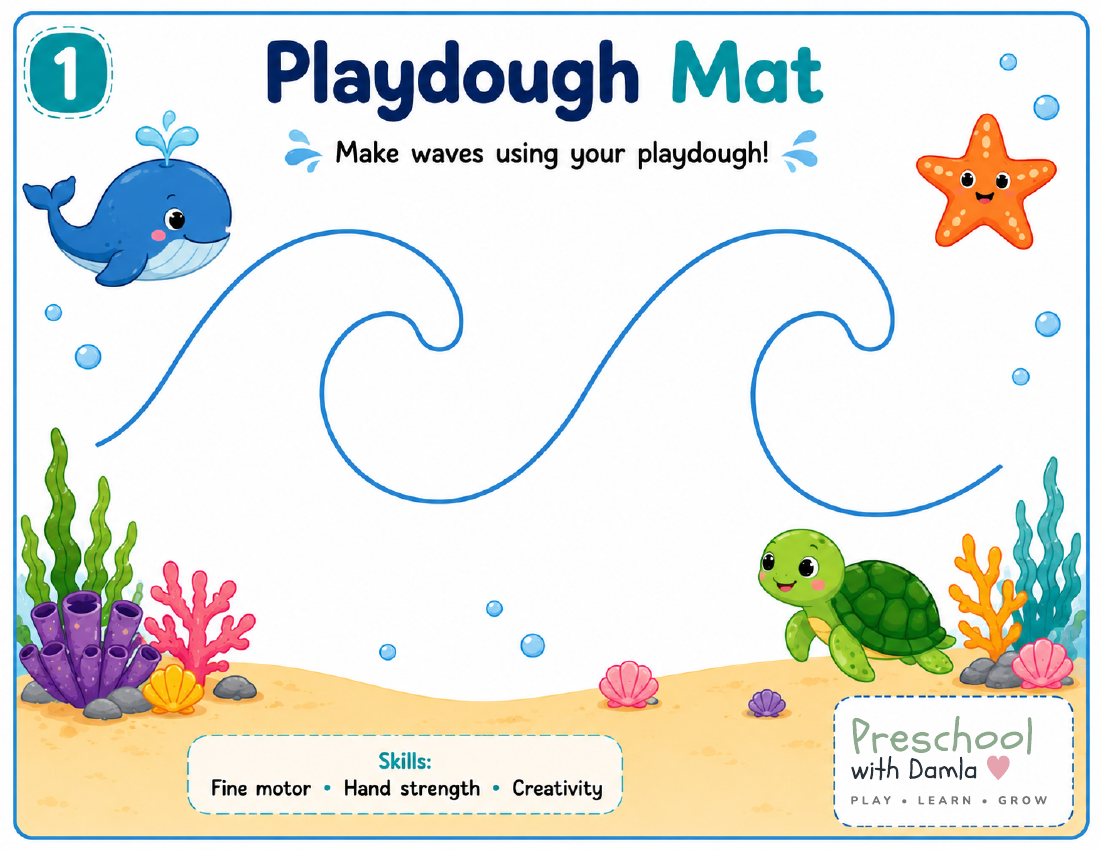 Preview of ocean playdough mats with sea animals and fine motor prompts