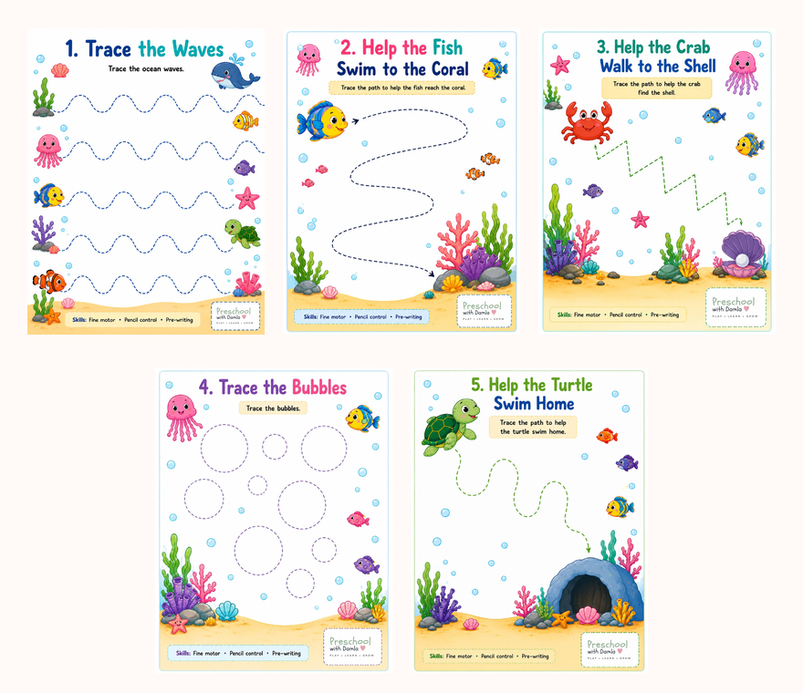 Preview of ocean tracing worksheets with waves, fish, crab, bubbles, and turtle pages